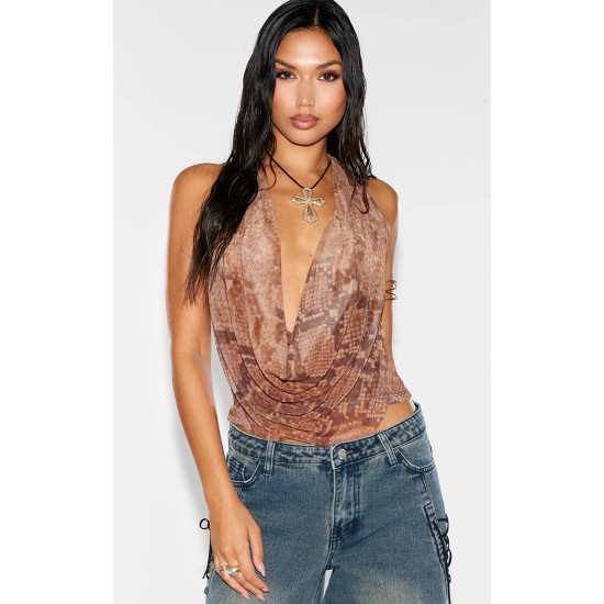 Brown Mesh Snake Printed Halter Neck Top Brown Mesh Snake Printed Halter Neck Top