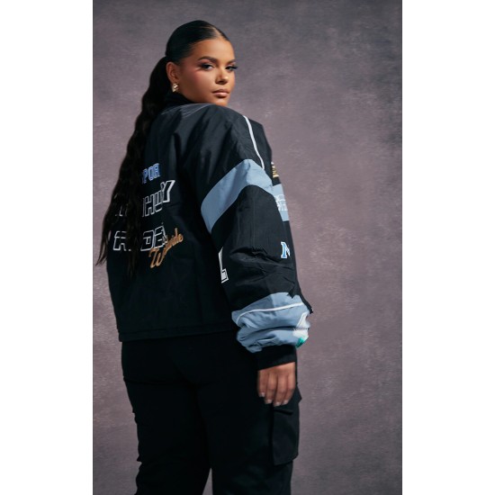 Plus Black Oversized Graphic Zipped Racer Bomber Jacket Plus Black Oversized Graphic Zipped Racer Bomber Jacket