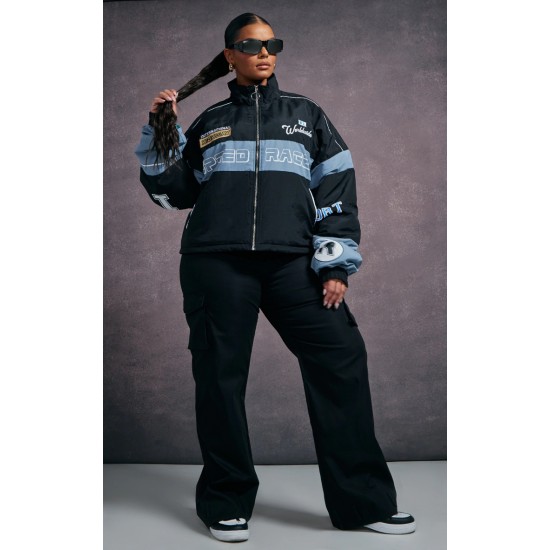 Plus Black Oversized Graphic Zipped Racer Bomber Jacket Plus Black Oversized Graphic Zipped Racer Bomber Jacket