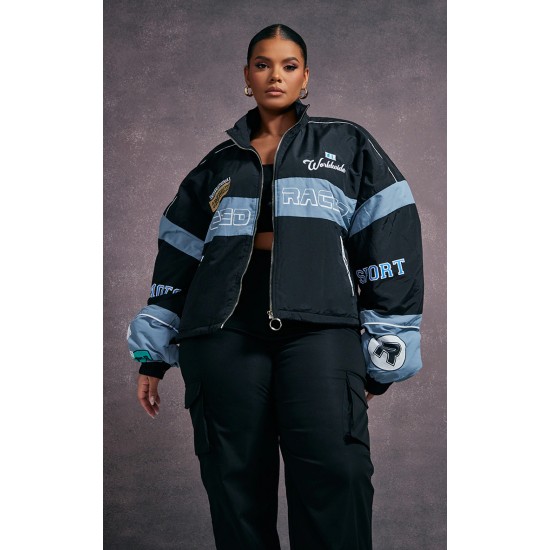 Plus Black Oversized Graphic Zipped Racer Bomber Jacket Plus Black Oversized Graphic Zipped Racer Bomber Jacket