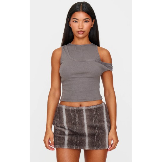 Dark Grey Ribbed Asymmetric Vest Top Dark Grey Ribbed Asymmetric Vest Top
