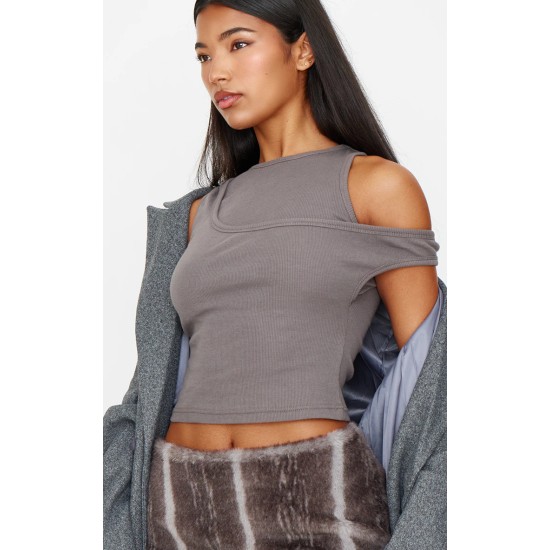 Dark Grey Ribbed Asymmetric Vest Top Dark Grey Ribbed Asymmetric Vest Top