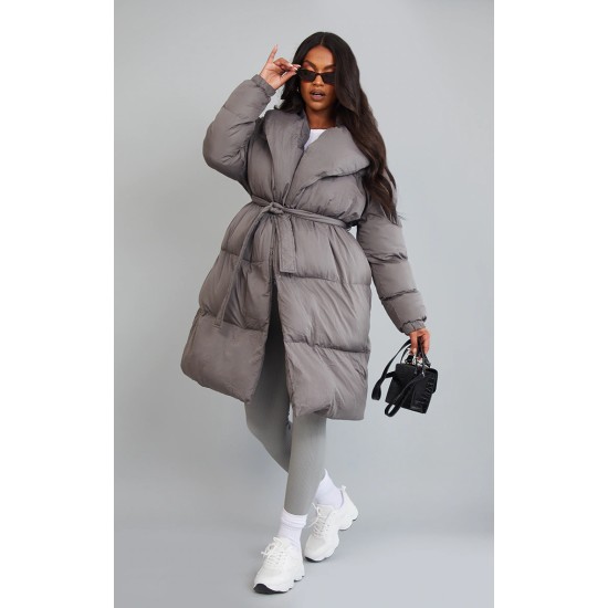 Maternity Grey Oversized Collar Belted Longline Puffer Maternity Grey Oversized Collar Belted Longline Puffer