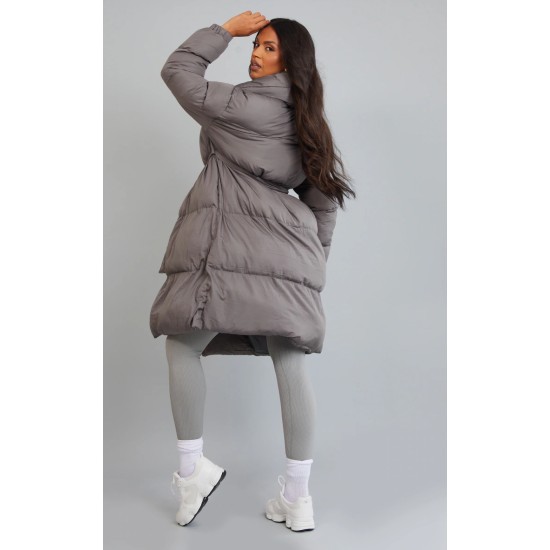 Maternity Grey Oversized Collar Belted Longline Puffer Maternity Grey Oversized Collar Belted Longline Puffer