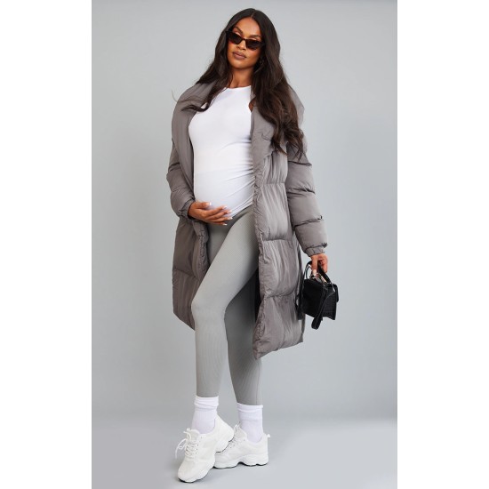 Maternity Grey Oversized Collar Belted Longline Puffer Maternity Grey Oversized Collar Belted Longline Puffer