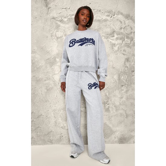 Tall Grey Marl Baltimore Borg Applique Detail Wide Leg Sweatpants Tall Grey Marl Baltimore Borg Applique Detail Wide Leg Sweatpants