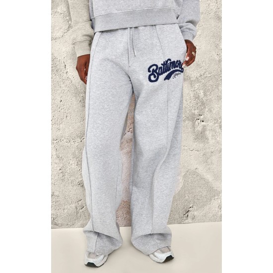 Tall Grey Marl Baltimore Borg Applique Detail Wide Leg Sweatpants Tall Grey Marl Baltimore Borg Applique Detail Wide Leg Sweatpants