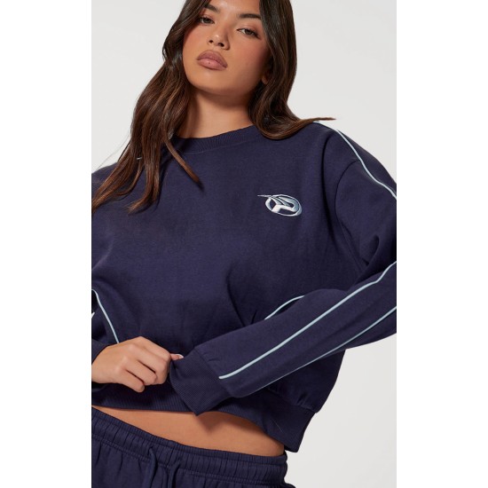 PRETTYLITTLETHING Navy Embroidered Contrast Piping Sweatshirt PRETTYLITTLETHING Navy Embroidered Contrast Piping Sweatshirt