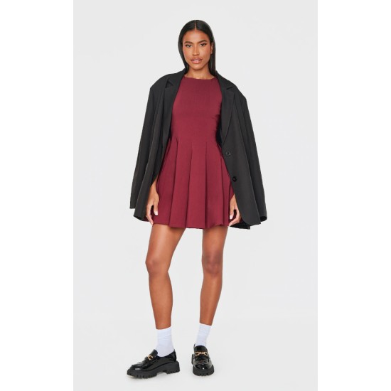 Wine Stretch Woven Racer Pleated Shift Dress Wine Stretch Woven Racer Pleated Shift Dress