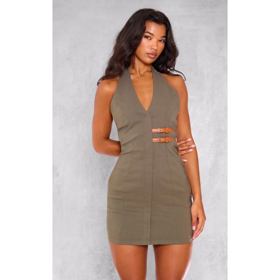 Dark Khaki Stretch Woven Belted Bodycon Dress Dark Khaki Stretch Woven Belted Bodycon Dress