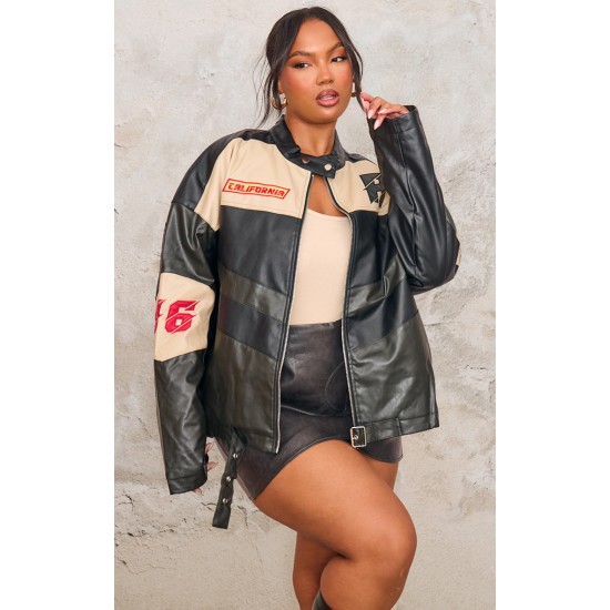 Plus Black Contrast Panel Oversized Faux Leather Motocross Jacket Plus Black Contrast Panel Oversized Faux Leather Motocross Jacket