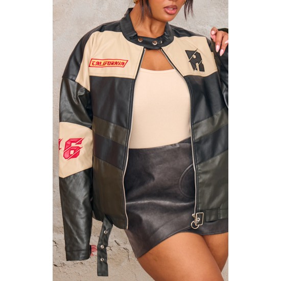 Plus Black Contrast Panel Oversized Faux Leather Motocross Jacket Plus Black Contrast Panel Oversized Faux Leather Motocross Jacket