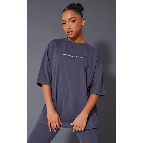 PRETTYLITTLETHING Charcoal Printed Oversized T-shirt PRETTYLITTLETHING Charcoal Printed Oversized T-shirt
