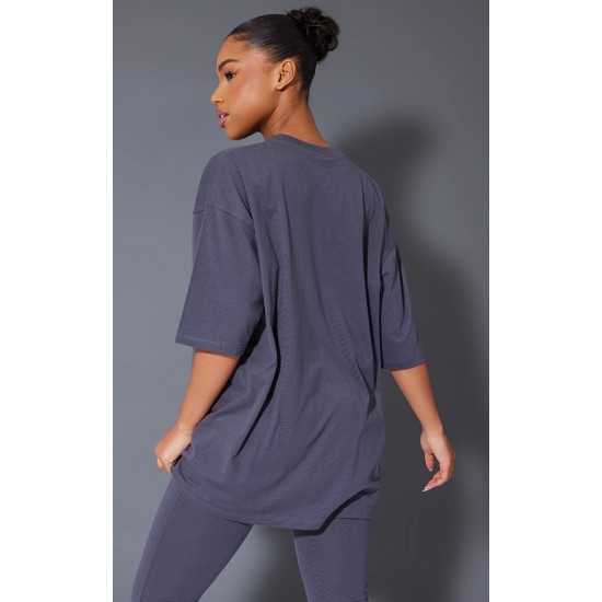 PRETTYLITTLETHING Charcoal Printed Oversized T-shirt PRETTYLITTLETHING Charcoal Printed Oversized T-shirt