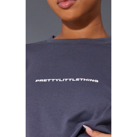 PRETTYLITTLETHING Charcoal Printed Oversized T-shirt PRETTYLITTLETHING Charcoal Printed Oversized T-shirt