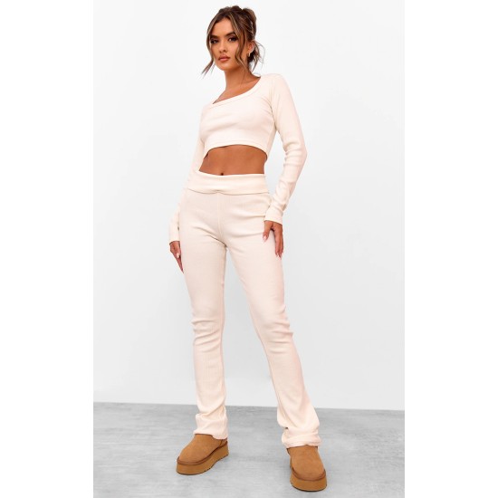 Cream Rib Fold Over Waist Flared Pants Cream Rib Fold Over Waist Flared Pants