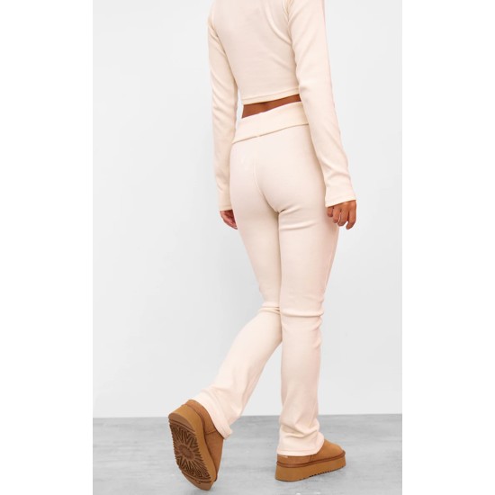 Cream Rib Fold Over Waist Flared Pants Cream Rib Fold Over Waist Flared Pants