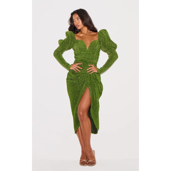 Green Glitter Plisse Puff Sleeve V Bar Draped Midi Dress Green Glitter Plisse Puff Sleeve V Bar Draped Midi Dress