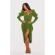 Green Glitter Plisse Puff Sleeve V Bar Draped Midi Dress Green Glitter Plisse Puff Sleeve V Bar Draped Midi Dress