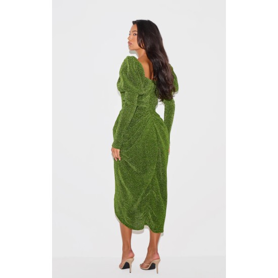Green Glitter Plisse Puff Sleeve V Bar Draped Midi Dress Green Glitter Plisse Puff Sleeve V Bar Draped Midi Dress