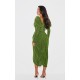 Green Glitter Plisse Puff Sleeve V Bar Draped Midi Dress Green Glitter Plisse Puff Sleeve V Bar Draped Midi Dress