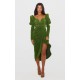 Green Glitter Plisse Puff Sleeve V Bar Draped Midi Dress Green Glitter Plisse Puff Sleeve V Bar Draped Midi Dress
