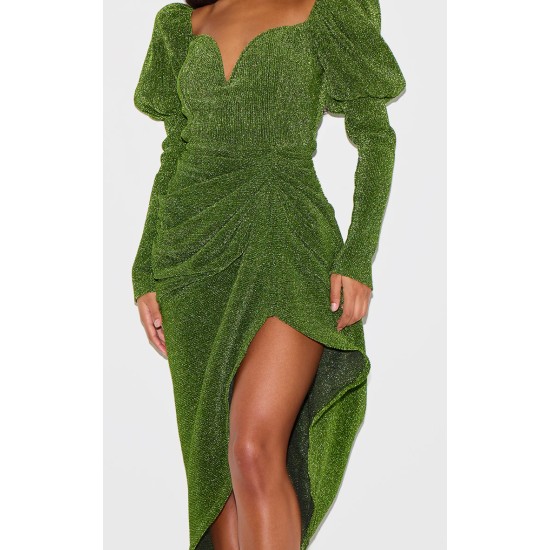 Green Glitter Plisse Puff Sleeve V Bar Draped Midi Dress Green Glitter Plisse Puff Sleeve V Bar Draped Midi Dress