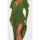 Green Glitter Plisse Puff Sleeve V Bar Draped Midi Dress Green Glitter Plisse Puff Sleeve V Bar Draped Midi Dress