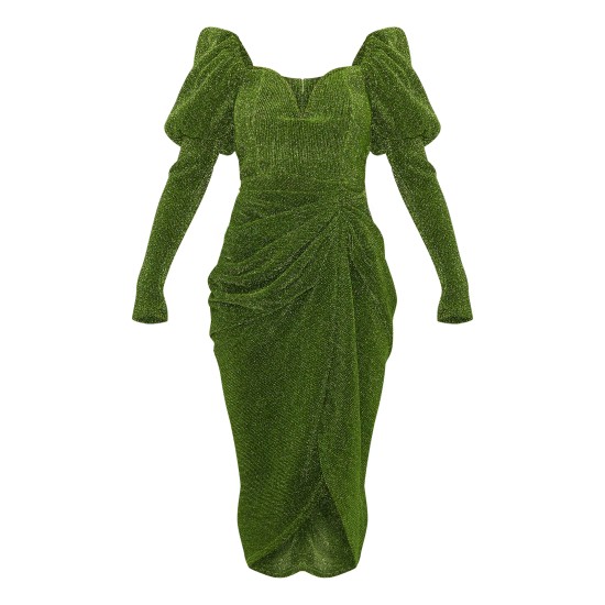 Green Glitter Plisse Puff Sleeve V Bar Draped Midi Dress Green Glitter Plisse Puff Sleeve V Bar Draped Midi Dress