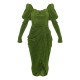 Green Glitter Plisse Puff Sleeve V Bar Draped Midi Dress Green Glitter Plisse Puff Sleeve V Bar Draped Midi Dress