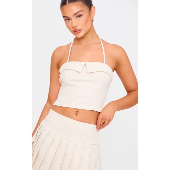 Cream Bow Detail Tie Neck Halterneck Crop Top Cream Bow Detail Tie Neck Halterneck Crop Top