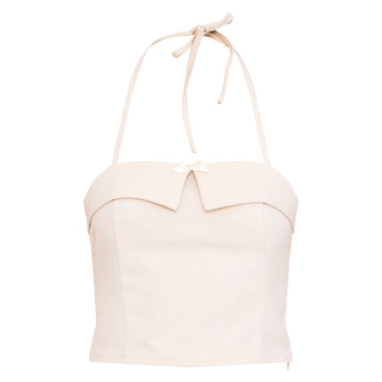 Cream Bow Detail Tie Neck Halterneck Crop Top Cream Bow Detail Tie Neck Halterneck Crop Top