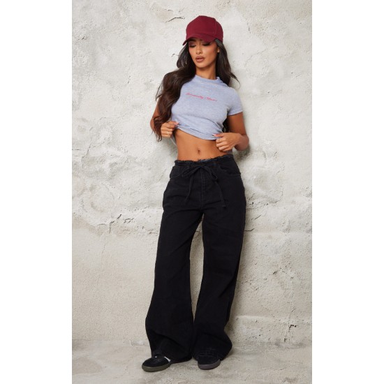 Petite Black Denim Frayed Tie Waist Wide Leg Jeans Petite Black Denim Frayed Tie Waist Wide Leg Jeans
