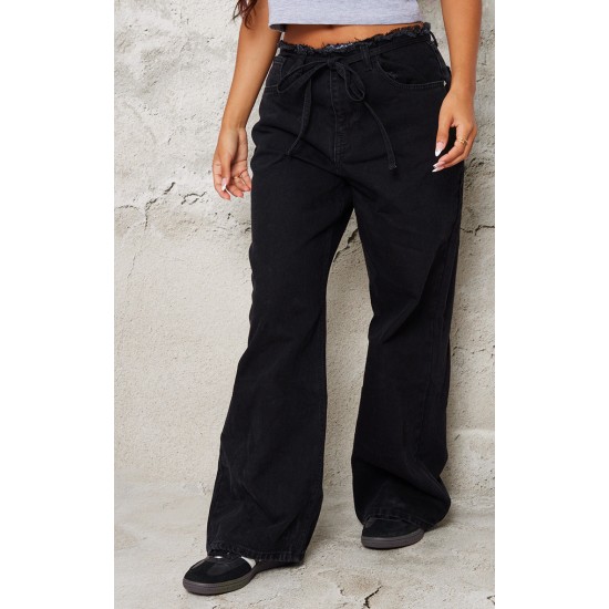 Petite Black Denim Frayed Tie Waist Wide Leg Jeans Petite Black Denim Frayed Tie Waist Wide Leg Jeans