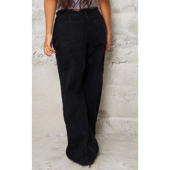 Petite Black Denim Frayed Tie Waist Wide Leg Jeans Petite Black Denim Frayed Tie Waist Wide Leg Jeans
