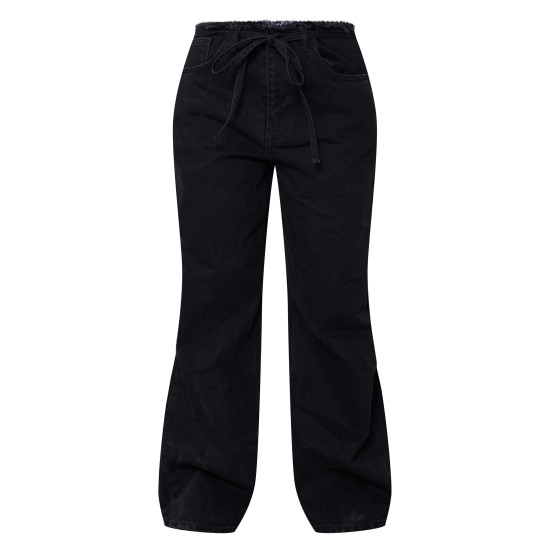 Petite Black Denim Frayed Tie Waist Wide Leg Jeans Petite Black Denim Frayed Tie Waist Wide Leg Jeans