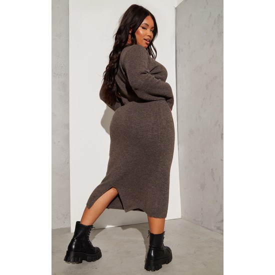 Plus Chocolate Knitted Seam Front Midaxi Dress Plus Chocolate Knitted Seam Front Midaxi Dress