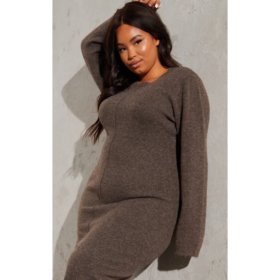 Plus Chocolate Knitted Seam Front Midaxi Dress Plus Chocolate Knitted Seam Front Midaxi Dress