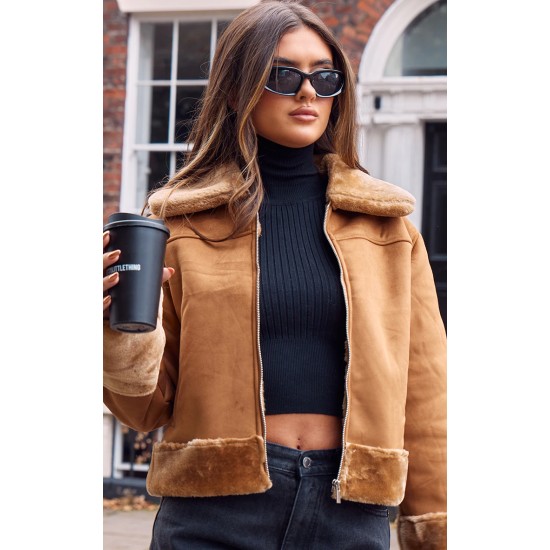 Camel Faux Fur Trim Faux Suede Jacket Camel Faux Fur Trim Faux Suede Jacket