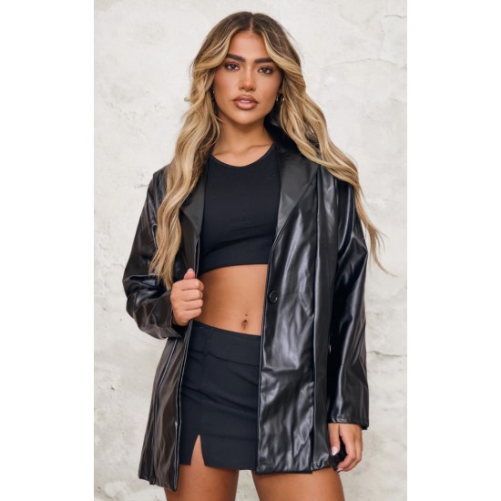 Black Longline Lapel Detail Faux Leather Blazer Black Longline Lapel Detail Faux Leather Blazer