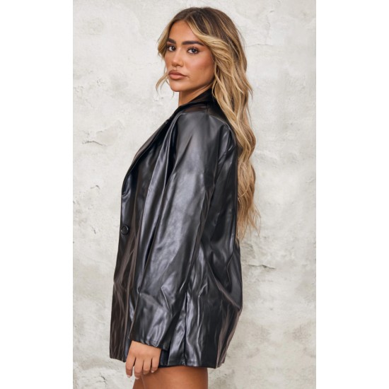 Black Longline Lapel Detail Faux Leather Blazer Black Longline Lapel Detail Faux Leather Blazer