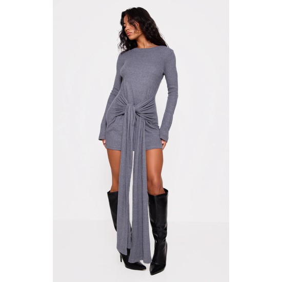 Charcoal Heavy Brushed Rib Wrap Tie Bodycon Dress Charcoal Heavy Brushed Rib Wrap Tie Bodycon Dress