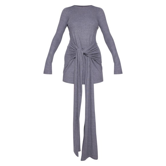 Charcoal Heavy Brushed Rib Wrap Tie Bodycon Dress Charcoal Heavy Brushed Rib Wrap Tie Bodycon Dress