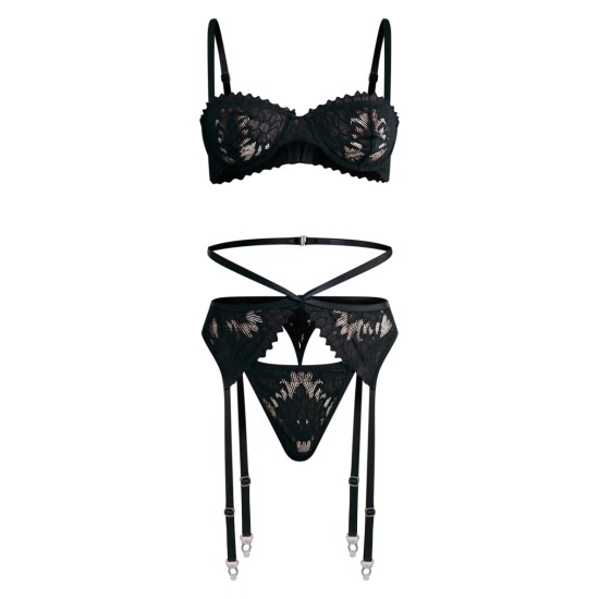Black Lace Scalloped Edge Underwired 3 Piece Lingerie Set Black Lace Scalloped Edge Underwired 3 Piece Lingerie Set