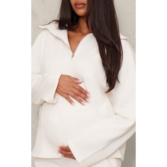 Maternity Cream Quarter Zip Long Sleeve Sweatshirt Maternity Cream Quarter Zip Long Sleeve Sweatshirt