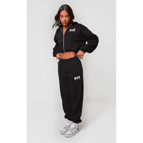 PRETTYLITTLETHING Black Elasticated Hem Zip Up Hoodie PRETTYLITTLETHING Black Elasticated Hem Zip Up Hoodie