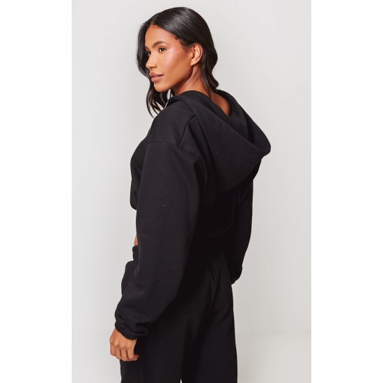 PRETTYLITTLETHING Black Elasticated Hem Zip Up Hoodie PRETTYLITTLETHING Black Elasticated Hem Zip Up Hoodie