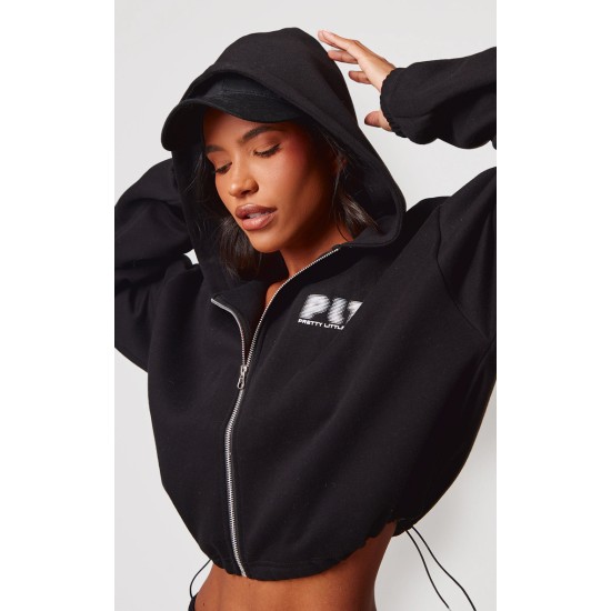 PRETTYLITTLETHING Black Elasticated Hem Zip Up Hoodie PRETTYLITTLETHING Black Elasticated Hem Zip Up Hoodie