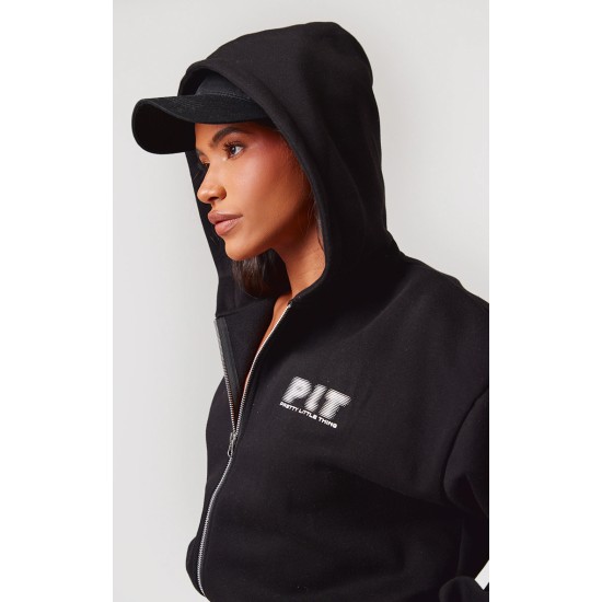 PRETTYLITTLETHING Black Elasticated Hem Zip Up Hoodie PRETTYLITTLETHING Black Elasticated Hem Zip Up Hoodie