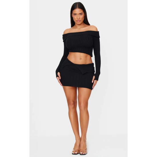 Shape Black Fold Over Ribbed Mini Skirt Shape Black Fold Over Ribbed Mini Skirt